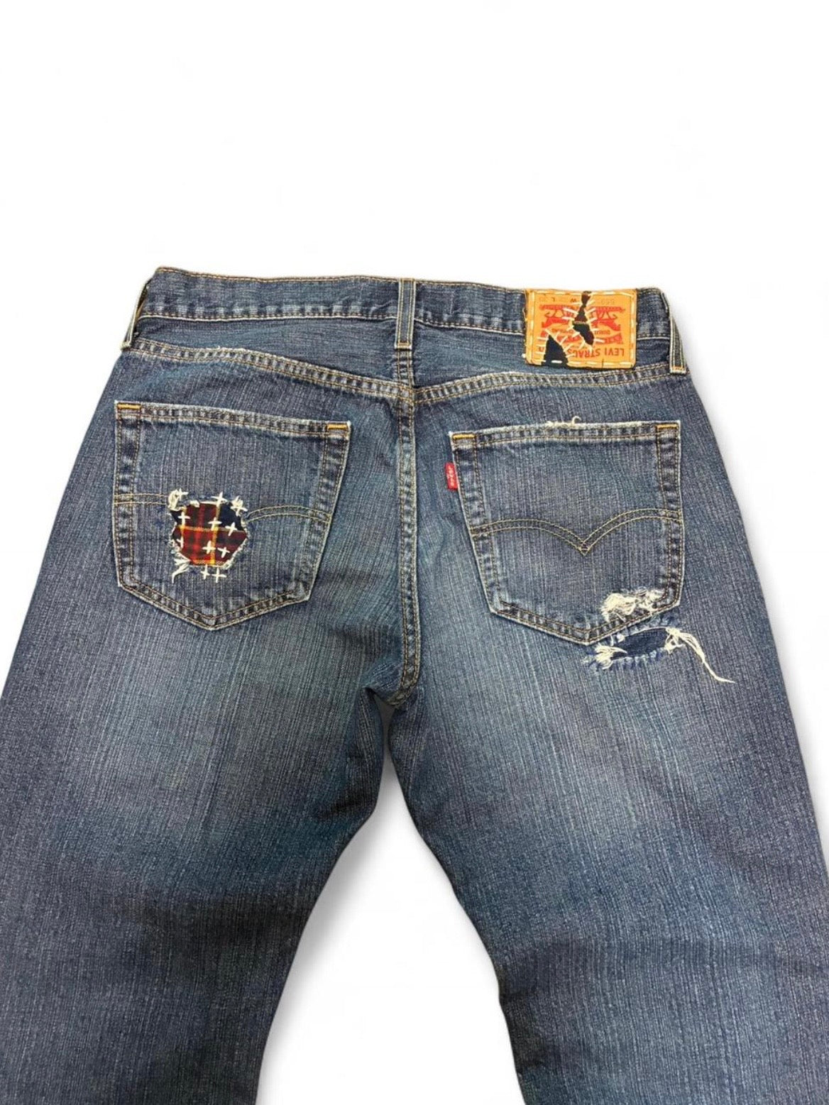 Sashiko boro repaired jeans w/ flannel patchwork