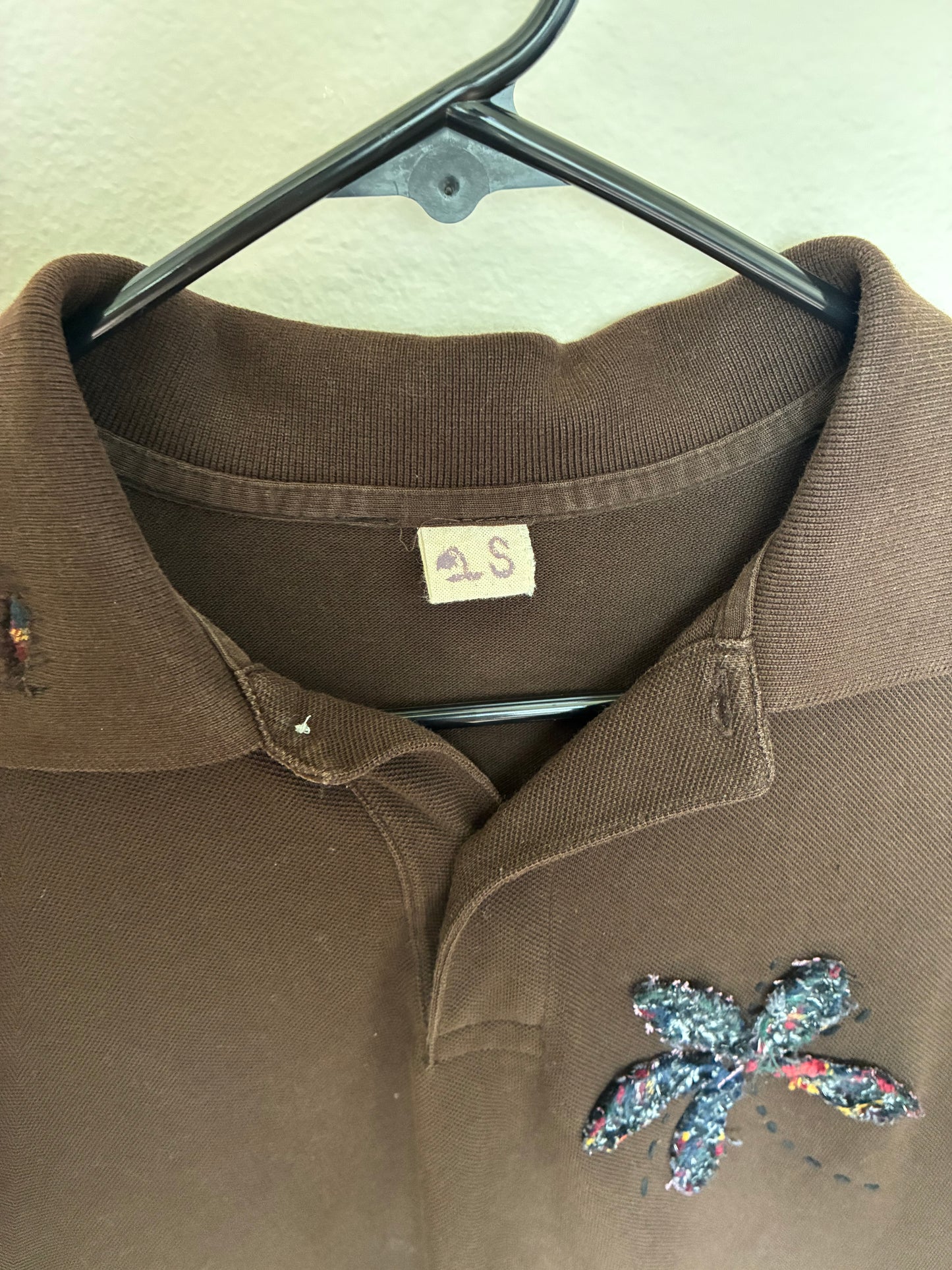 Brown Polo W/ Flower Embroidery and Repairs