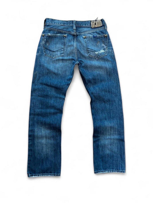 Sashiko repaired patchwork jeans w/ rust splatter