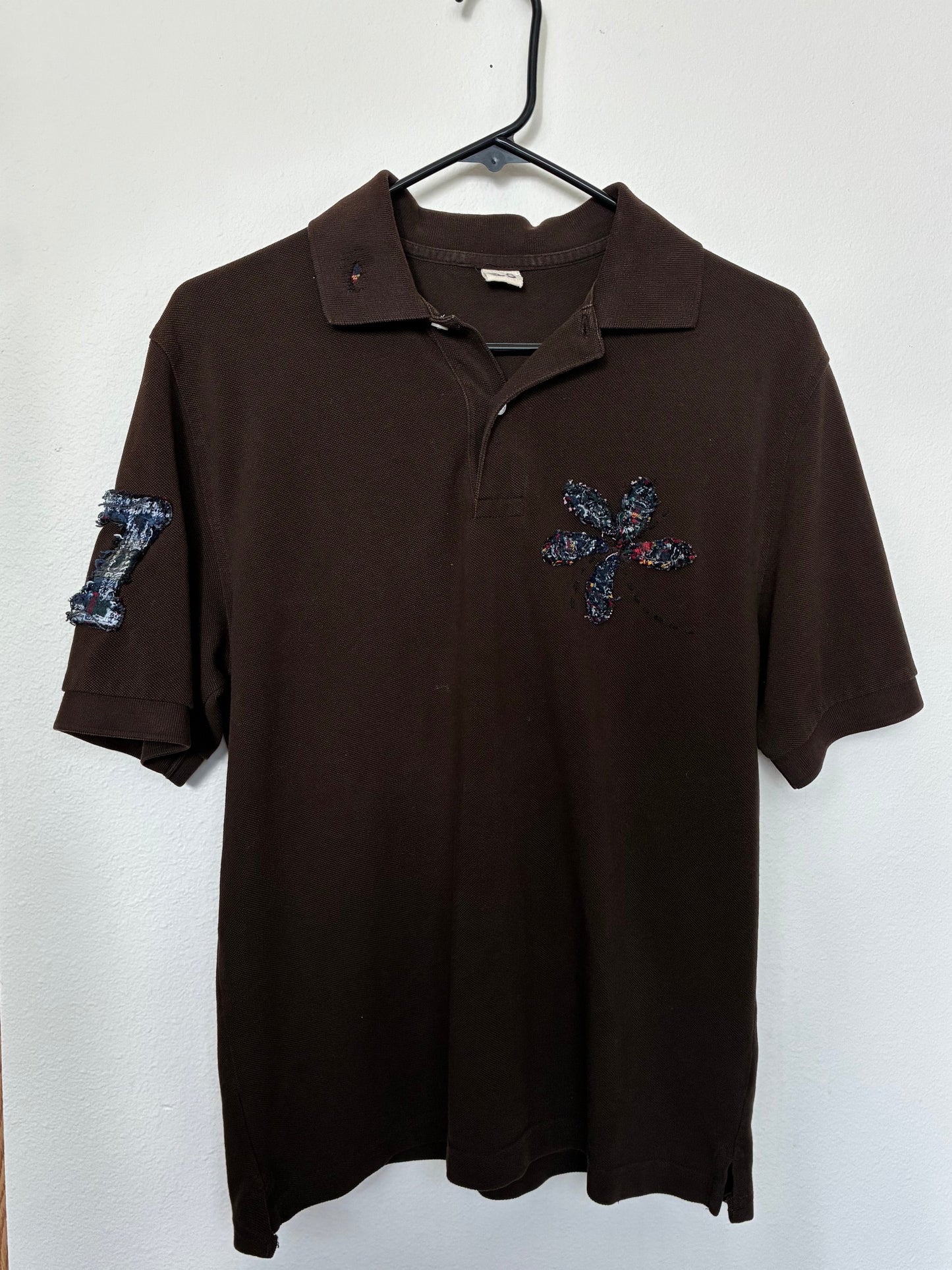 Brown Polo W/ Flower Embroidery and Repairs