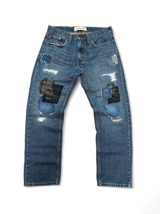 Sashiko boro repaired jeans w/ flannel patchwork