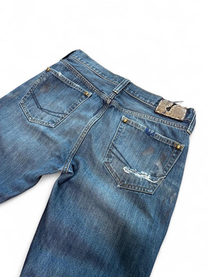 Sashiko repaired patchwork jeans w/ rust splatter
