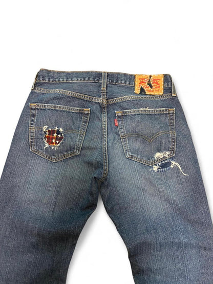 Sashiko boro repaired jeans w/ flannel patchwork