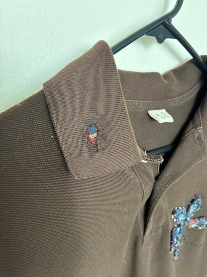 Brown Polo W/ Flower Embroidery and Repairs