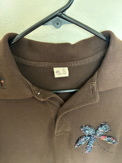 Brown Polo W/ Flower Embroidery and Repairs