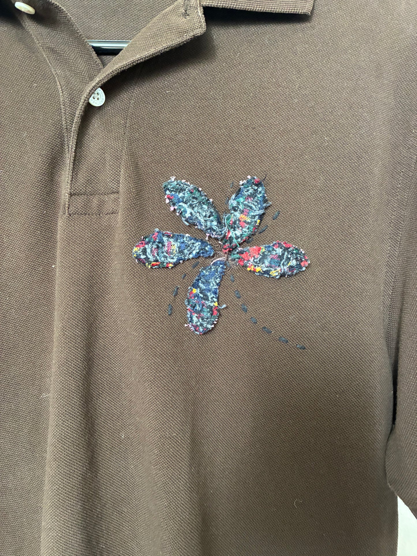 Brown Polo W/ Flower Embroidery and Repairs