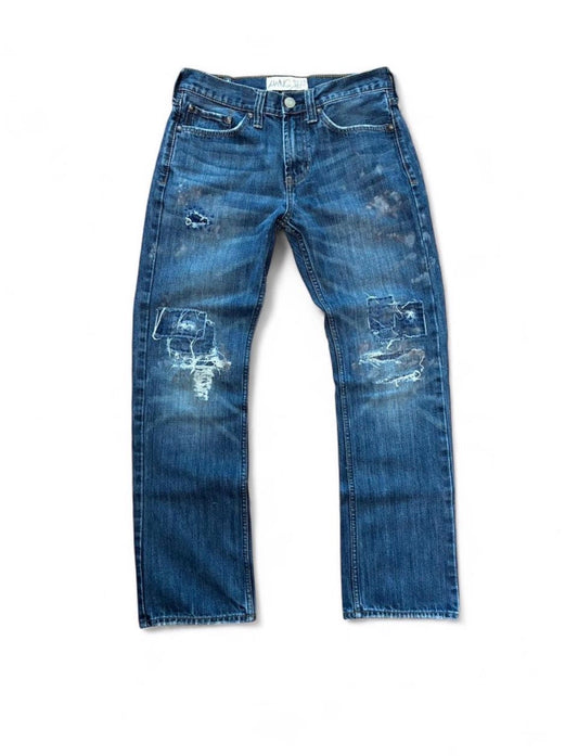 Sashiko repaired patchwork jeans w/ rust splatter