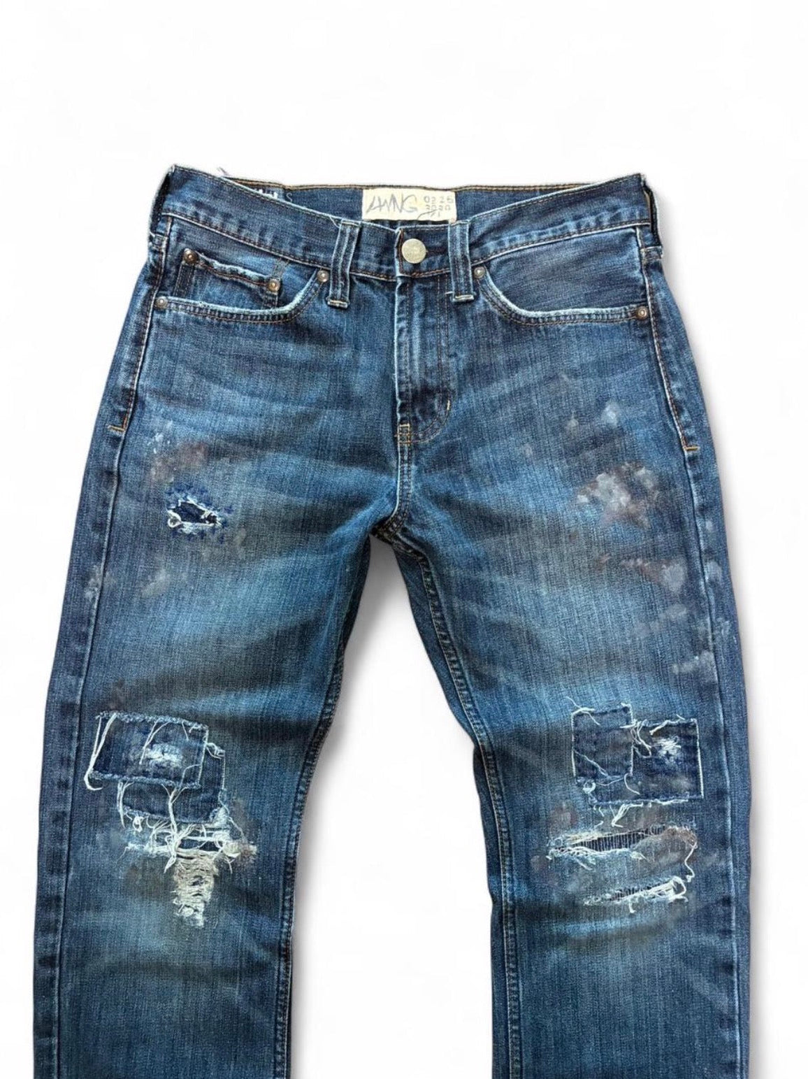 Sashiko repaired patchwork jeans w/ rust splatter