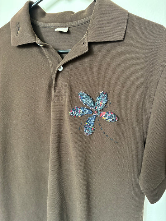 Brown Polo W/ Flower Embroidery and Repairs