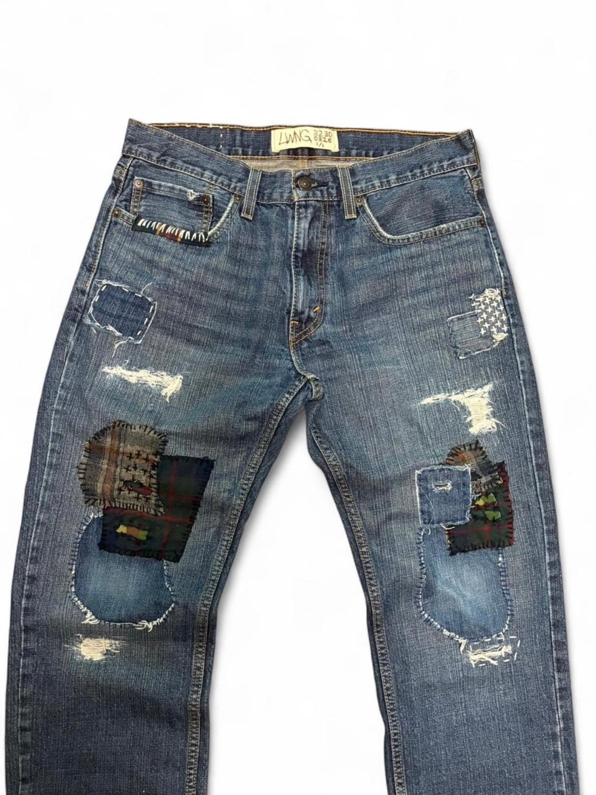 Sashiko boro repaired jeans w/ flannel patchwork