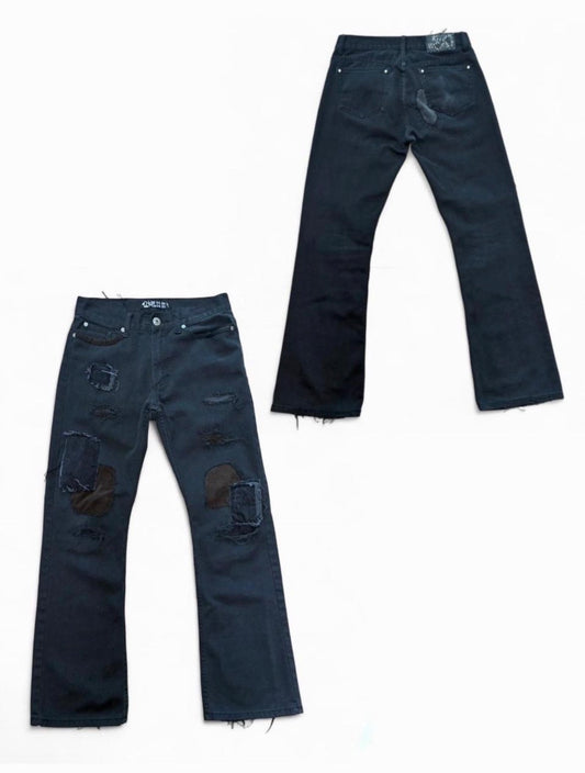 Sashiko Repaired Black Jeans with Brown Corduroy Patches