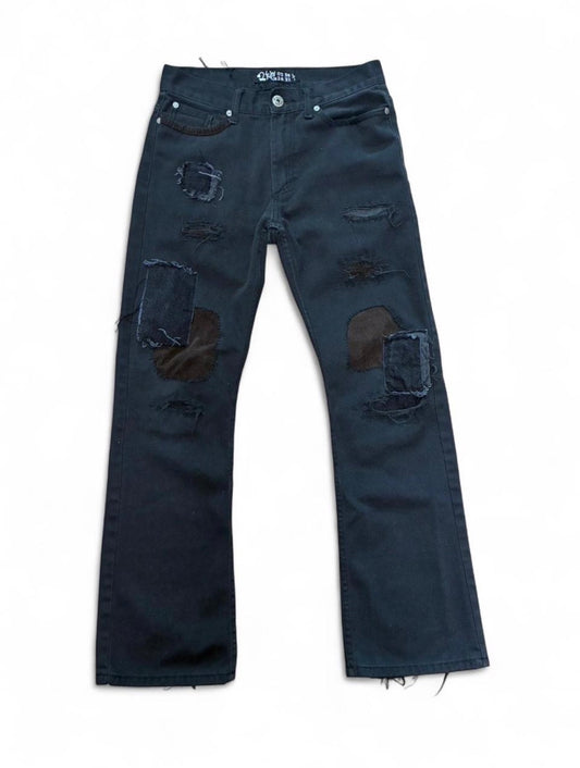 Sashiko Repaired Black Jeans with Brown Corduroy Patches