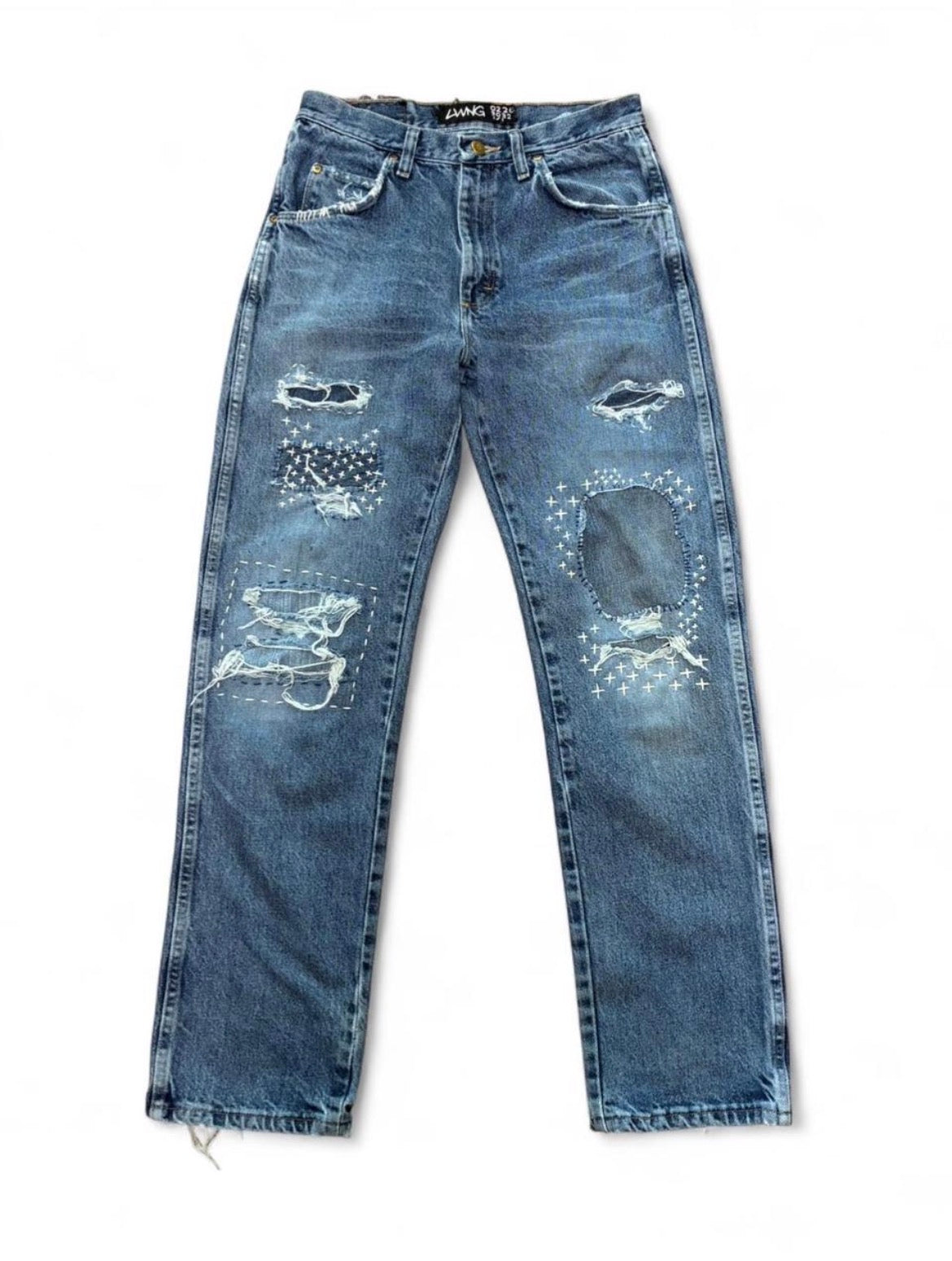 Sashiko Repaired Straight Fit Jeans with Cross Stitches and Studs