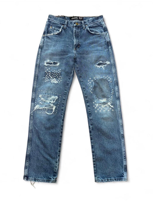 Sashiko Repaired Straight Fit Jeans with Cross Stitches and Studs