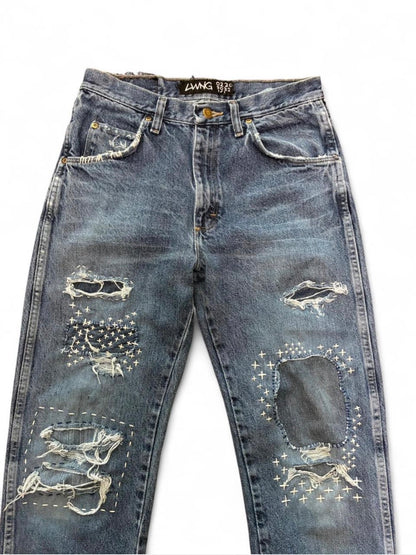 Sashiko Repaired Straight Fit Jeans with Cross Stitches and Studs