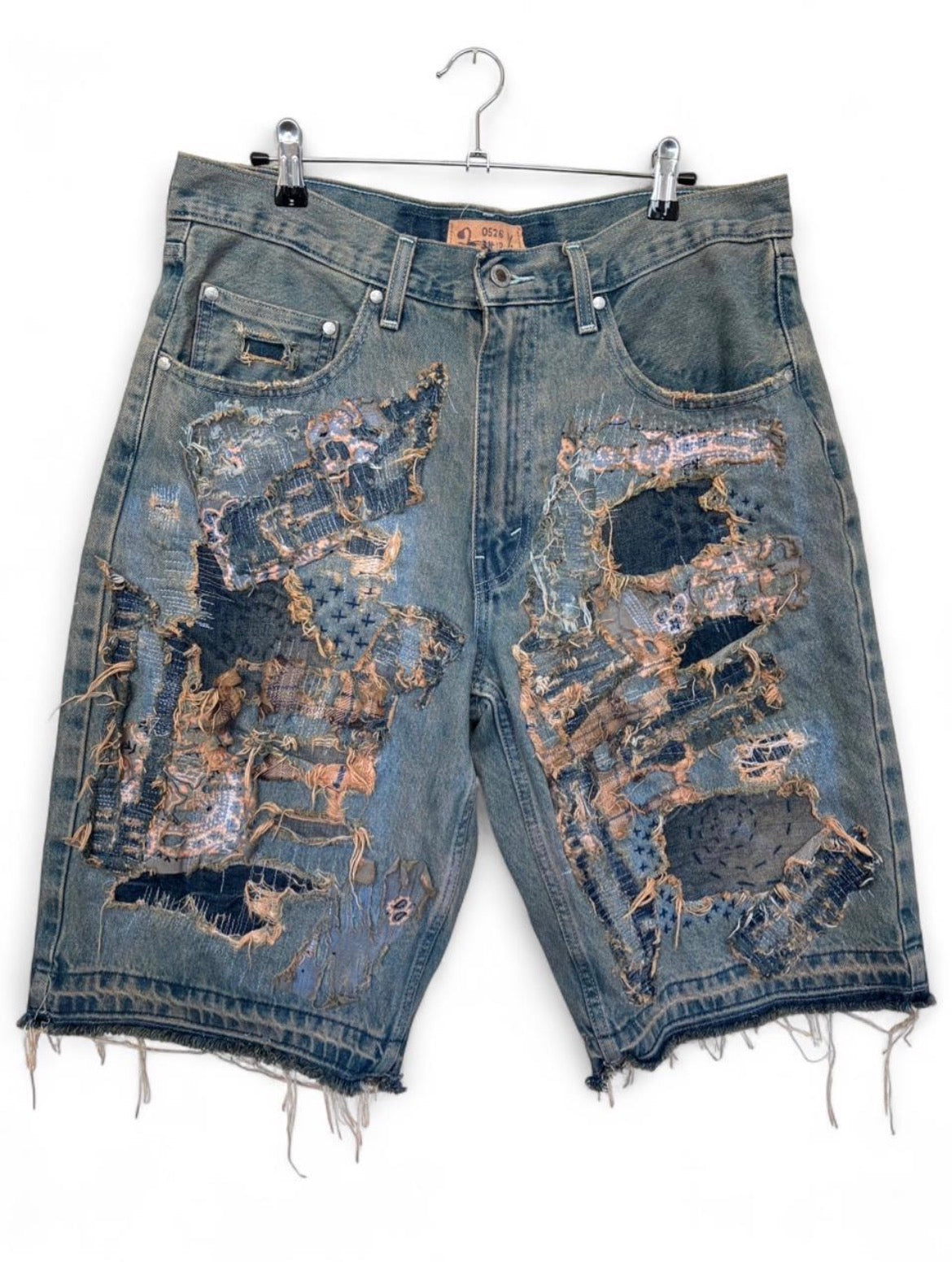 Sashiko Boro Repaired Tattered Baggy Jean Shorts