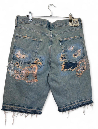 Sashiko Boro Repaired Tattered Baggy Jean Shorts