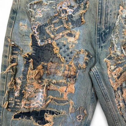 Sashiko Boro Repaired Tattered Baggy Jean Shorts
