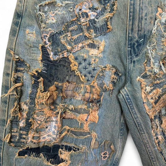 Sashiko Boro Repaired Tattered Baggy Jean Shorts