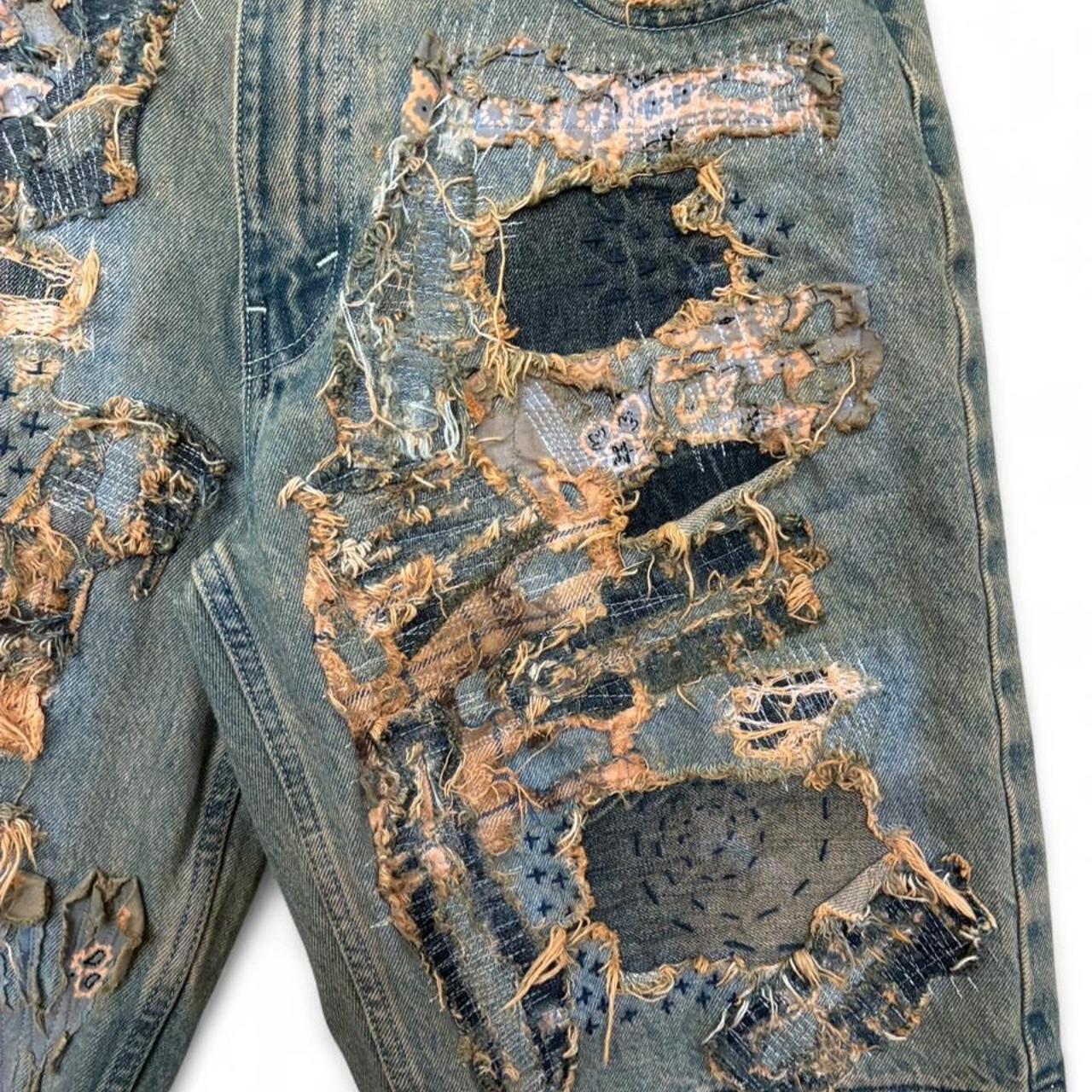 Sashiko Boro Repaired Tattered Baggy Jean Shorts