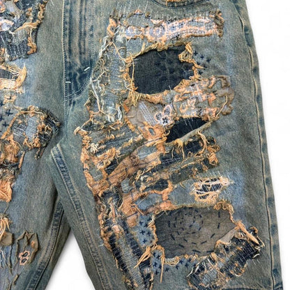 Sashiko Boro Repaired Tattered Baggy Jean Shorts
