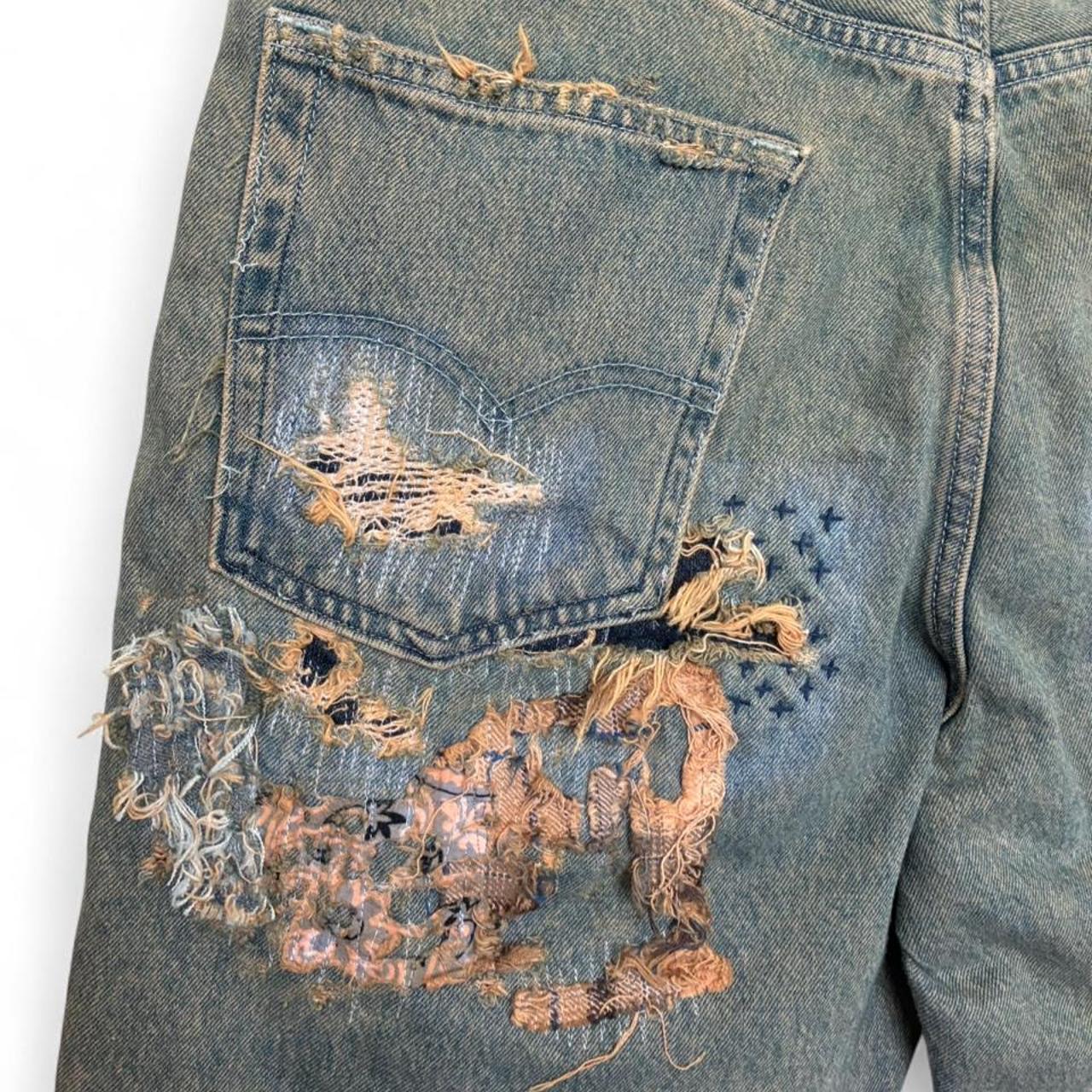 Sashiko Boro Repaired Tattered Baggy Jean Shorts